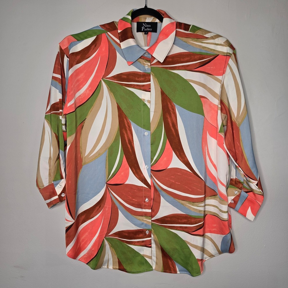 Nina Parker Top Women Plus 4X Multicolor Leaf Button Down Long Sleeve Blouse